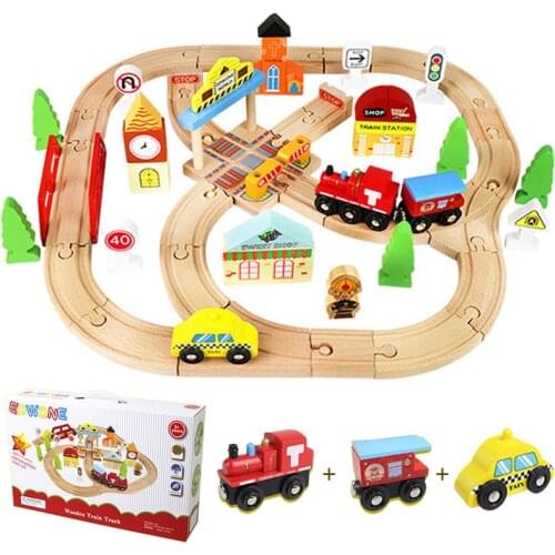 44PCS/Set Wooden Train Track Toys Wooden Railway Trains Cars Fit for Thomas Biro Tracks Educational Toys for Children Gift Pack