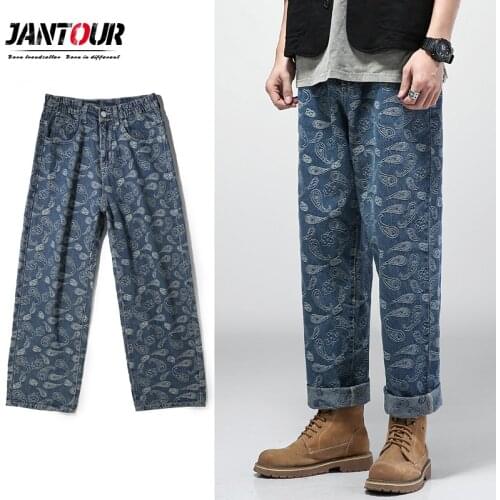 Jantour Fashion Mens Streetwear Jeans Men Loose Denim Jacquard Trousers Harajuku Hip Hop Oversize Track Pants 5XL