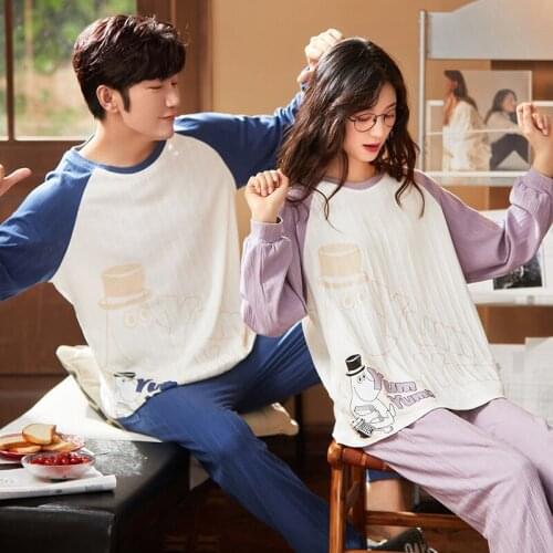 Elegant Purple Patchwork Long Sleeve Women Pajamas Set Couple Cotton Homewear Women Men Big Size Loungewear Little Hippo Pajamas