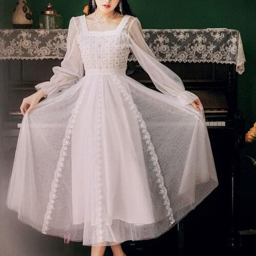 Kawaii Ladies White Dress Elegant Patchwork Ladies Dress Korean Lace Long Skirt Female 2021 Beautiful WomenS Clothes