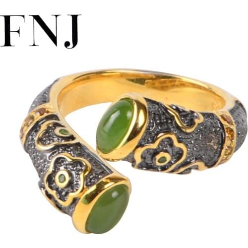 FNJ Natural Jasper Flower Ring 925 Silver New Original S925 Sterling Silver Rings for Women Jewelry Adjustable size Gold Color