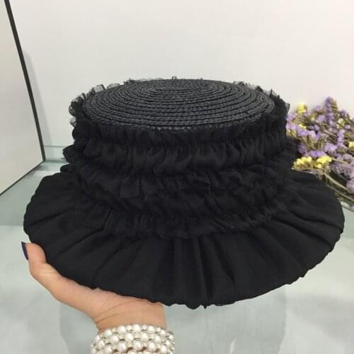 Summer flat-topped hat fashionable sun hat black lace natural straw hat for women wide-brim sun hat brim