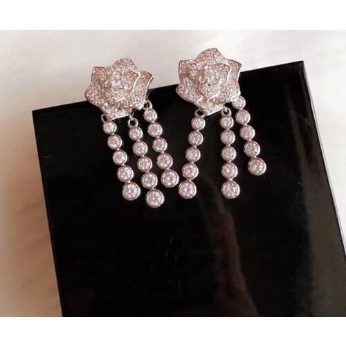 Fashion Jewelry 925 Sterling Earrings White Crystal Tassel Design Rose Flower Earrings Top Quality Fashion Party Women Jewelry