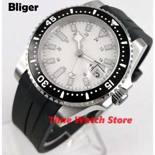 Bliger 40mm Automatic watch men waterproof rubber strap no logo white strile dial luminous date black ceramic bezel
