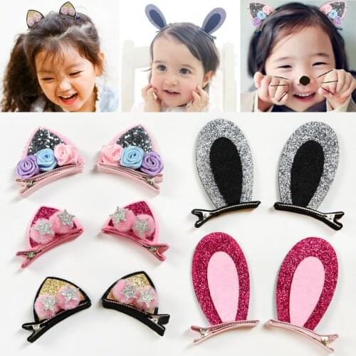 2pcs/Set Cute Hair Clips For Girls Glitter Rainbow Felt Fabric Flowers Hairpins Cat Ears Bunny Barrettes Kids Hair Accessories