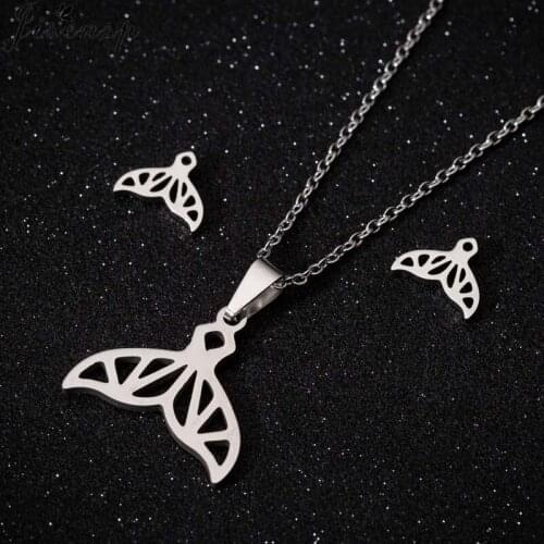 Jisensp 2019 Stainless Steel Jewelry Sets Delicate Origami Whale Tail Necklace Earrings for Women Girls Birthday Gifts bijoux