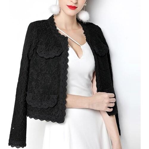 Autumn Spring Fashion Women Black White Lace Long Sleeve Coats and Jackets , Fall Female Womens 3xl 4xl Elegant Short Coat