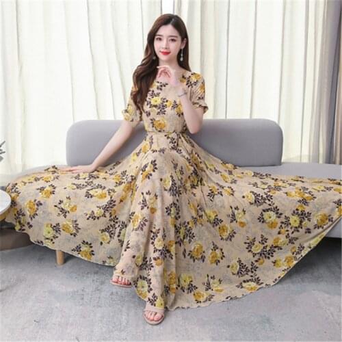 Real shot floral dress female 2021 summer new fashion O-neck chiffon printing super fairy waist was thin beach big swing dress