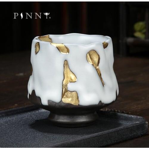 PINNY Gilt Ceramic Handmade Teacup ZHI YE SHAO Japanese Kung Fu Tea Cups Retro Pigmented Tea Bowl