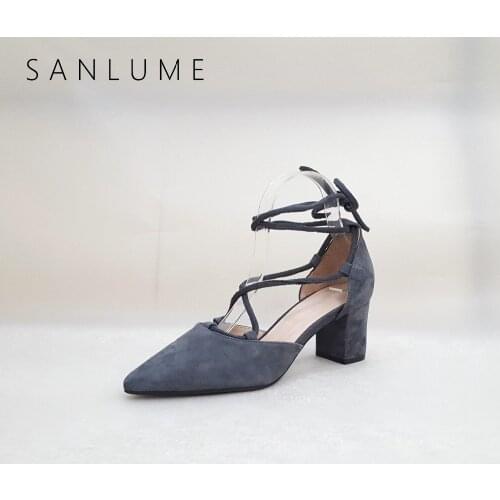 SANLUME New Arrive Summer Gladiator Sandals Women Pumps Kid Suede Ladies Genuine Leather Shoe Lace Sexy Ankle Strap Thick Heels