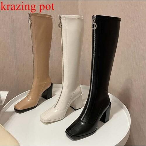 Krazing pot microfiber leather square toe keep warm big size thick high heels front zipper equestrian stretch thigh high boots