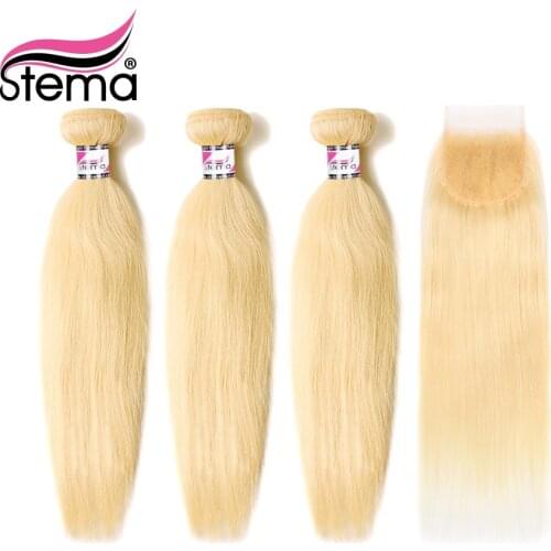 Stema 613 Blonde Straight 3 Bundles with 4*4 Lace Closure Brazilian Remy Human Hair Bundle Weaves Blonde Hair Extension