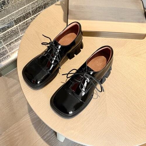 2021European fashion leather lace-up single female shoes all-leather dark series women shoes