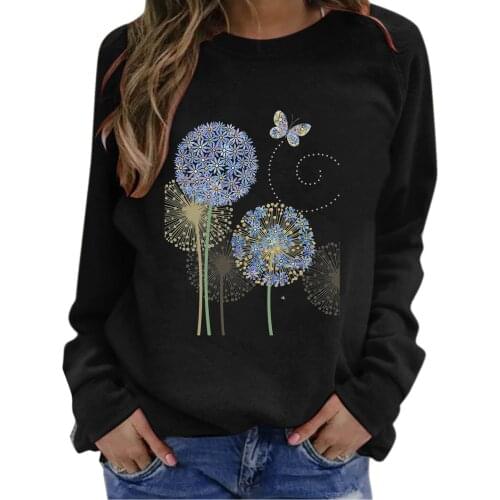 Ladies Oversized Sweatshirt Fashoin Dandelion Butterfly Print Tops Winter Windproof Long Sleeve Hoodies Basic Round Neck Moletom