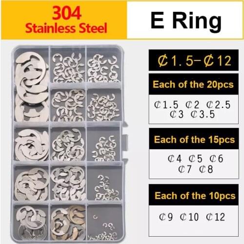205PCS M1.5 M2 M2.5 M3 M3.5 M4 M5 M6 M7 M8 M9 M10 M12 304 Steel E Clip Retaining Ring Washer for Shaft Fastener Model Rc Car