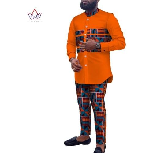 Bintarealwax Long Sleeve Men Pants Sets Bazin Riche Plus Size African Design Clothing Casual Men Top and Pant Clothes WYN1435