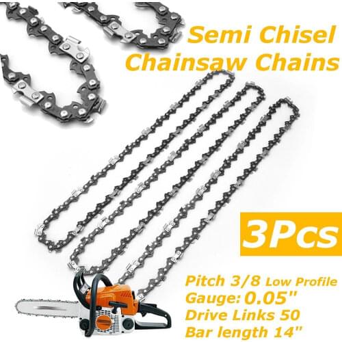 3Pcs/Set 14 Inch Chainsaw Chain Semi Chisel Chainsaw Chain For Stihl MS170 MS180 3/8" LP Pitch 0.050" Gauge 50 Drive Links