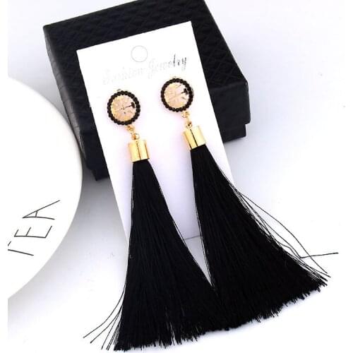 Black Crystal Flower Fringe Earings Earing Geometric Long Dangle Tassel Earrings For Women 2019 Fashion Jewelry Oorbellen Gift