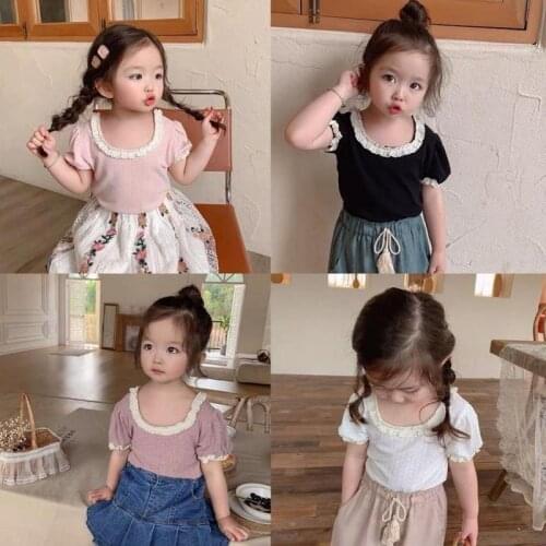 Children fashion short sleeve T-shirts summer new girls cotton lace bottom shirts girls baby kids sweet lovely tops tees P4 158