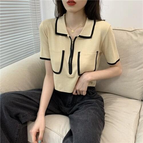 2021 Summer Women Short Sleeve Knit Thin T-shirts Girls Pockets Casual Front Zipper Tee Shirts Tshirt Crop Top For Female S724