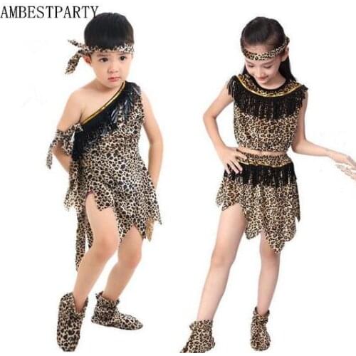 Hot Halloween Cosplay Costume African Savages Leopard Clothing Hunter Kids Stage Performance Clothes Animal clothing AMBESTPARTY