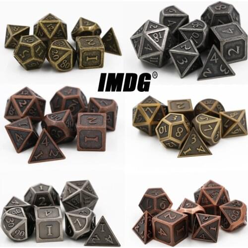 IMDG 7pcs/set Creative RPG Game Dice Polyhedron Metal Dice DND New Font Retro Color Digital Game Dice