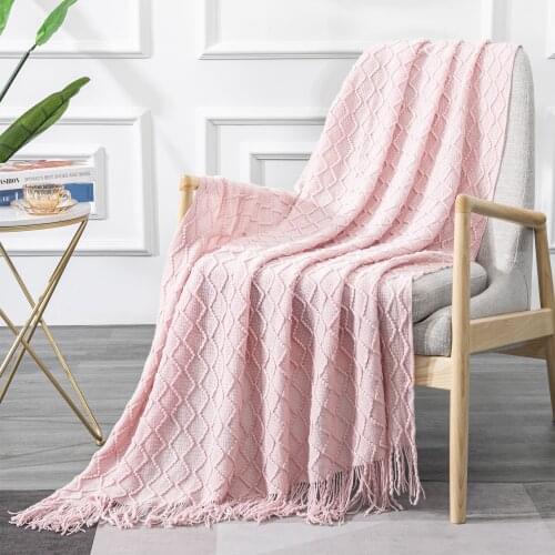 Knitted tassel blanket solid color for sofa bed cover bedspread portable soft air conditioning blanket for spring summer