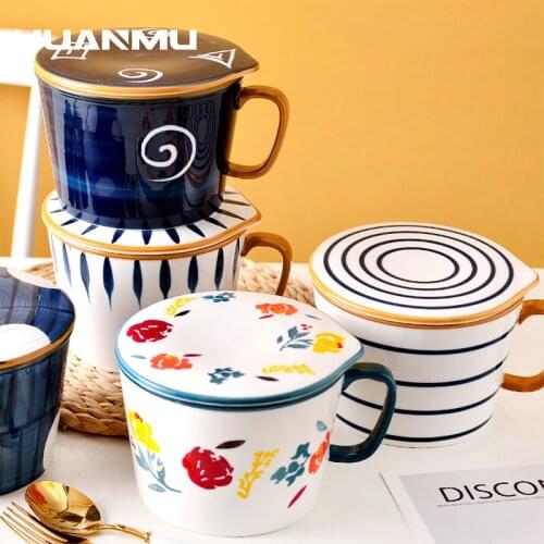 Japanese Style Creative Simple Big Mug With Lid Cover Personalized Cup Home Breakfast Milk Cola Cup Tea Ramen Dessert Cup Gift