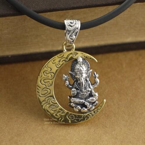 925 Sterling Silver Lord Ganesha on Golden Moon Namaste Yoga Pendant Men Gift A2110