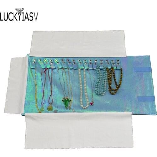 Fashion Blue PU Leather Jewelry Roll Bag Pendant Chain Organizer Storage Box Pouch Portable Necklace Display Travel Cases