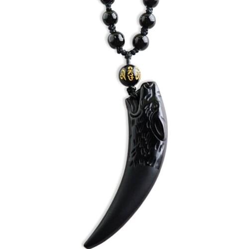 Men Necklace Pendant Black Obsidian Carved Fashion Wolf Teeth Pendant Free Chain Gift for Male Fine Jade Jewelry