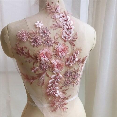 Pink beaded flower patch applique for wedding/evening dress clothing sew on embroidered patches garment accessories decoration