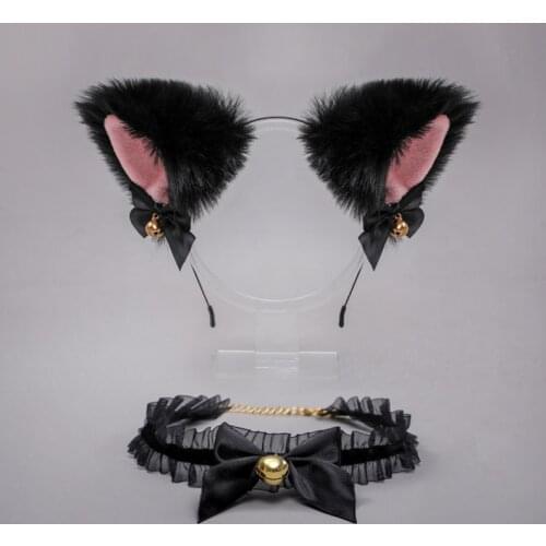 Plush Fox Cat Ears Head Hoop Headwear with Bow Tie Bells Lace Choker Collar Necklace Sexy Cat Party Cosplay Accessories Hairwear