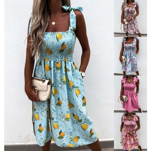 Summer Dress Women Robe Femme Flower Print A-Line Dresses Shrinkage Pockets Sling Sleevelss Y2K Dress For Woman Vestido De Mujer