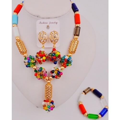 Colorful Multicolors Costume Necklace African Set Nigerian Wedding Jewelry Sets for Women ZQ3-06