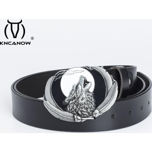 Mens Outdoors Genuine Leather Belt Wolf Metal Buckle Western Cowboy Cowgirl Clothing Accessories Fit For 4cm Width Punk Strap