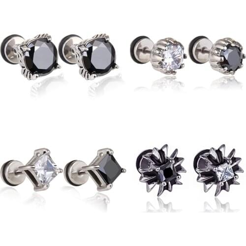 Classic Black /Clear CZ Stud Earrings For Men Women Punk Retro Stainless Steel Earrings Unisex Party Jewelry DropShipping