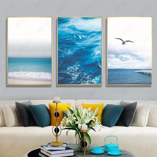 Blue Seagull Landscape Canvas Painting Literary Breath Ocean Wave Literary Picture Fresh Poster for Bedroom Hotel Living Room