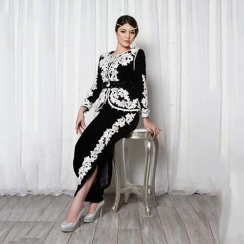 SoDIgne Caftan Arabic Evening Dresses Appliques White Lace Long Sleeve Mermaid Velvet Prom Party Gowns 2021
