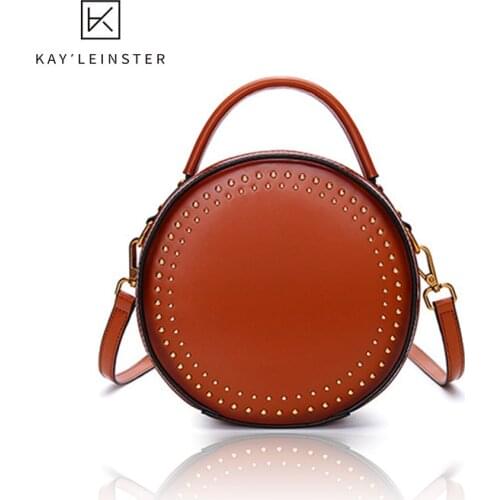 Genuine Leather Handbag 2020 New Messenger Bags Female Retro Rivet Shoulder Bag Women Fashion Cross Body Vintage Small Round Bag
