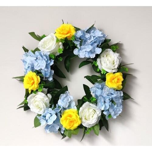 White And Yellow Rose Wreath Blue Hydrangea Artificial Garland For Festive Decor Living Room Decoration Wall Ornament