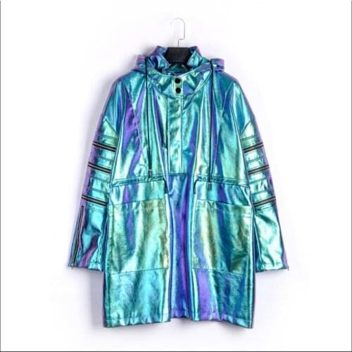 Autumn And Winter New Singer Jacket Coat Tide Patent Leather Bright Trench Coats Men And Women Hooded Windbreaker Stage Costumes