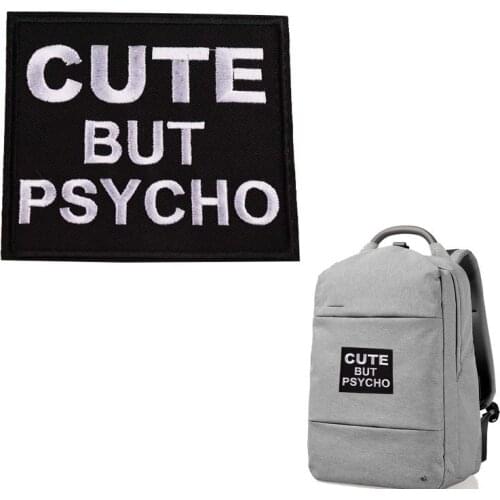 Fine High Quality Stripe Cloth Patches for Clothes CUTE BUT PSYCHO Letter Words Appliques Iron On Stickers 3D Diy Bags Hat Decor