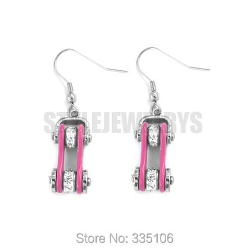Colorful Bling Bicycle Chain Crystal Motor Biker Girls Stainless Steel Earrings Fashion Pink Red Blue Violet Black SJE0127A
