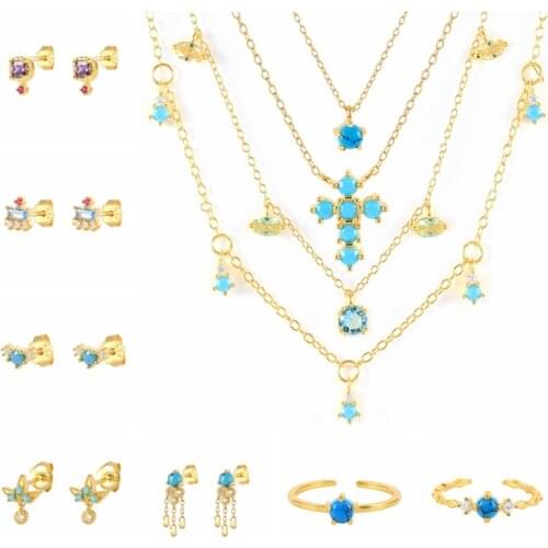 Aide Turquoise Cross Necklace Ring Earrings For Women 925 Sterling Silver Piercing Stud Earrings Dangle Y2K Jewelry Pendientes