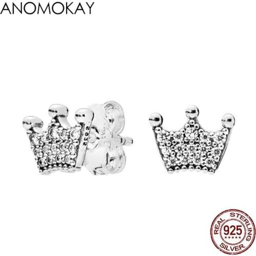 Anomokay Authentic 925 Sterling Silver CZ Crown Stud Earrings Luxury Silver Rose Gold Earrings Jewelry for Women Bijoux Gift