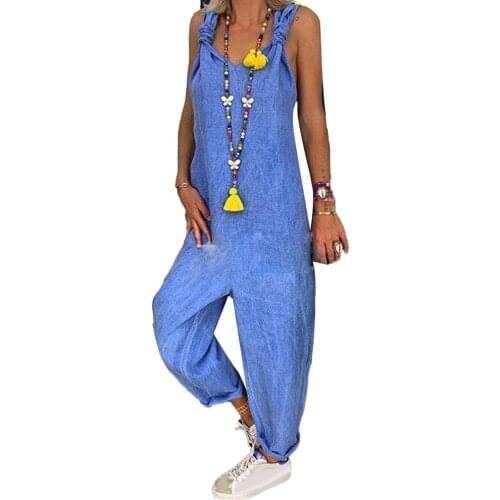 Women Solid Color Bib Overall Sleeveless Backless Knotted Jumpsuit Dungarees Suspenders Backless Casual Loose Jumpsuits