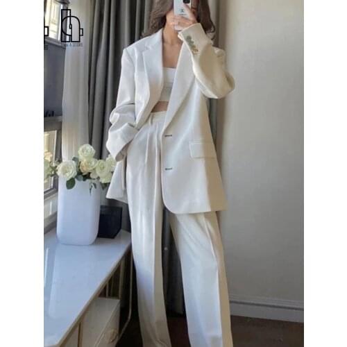 Luck A 2021 Women Office White Pink Suit Two-Piece Pantsuit Elegant Blazer Female Set Casual Loose Pants Jacket Work Clothes