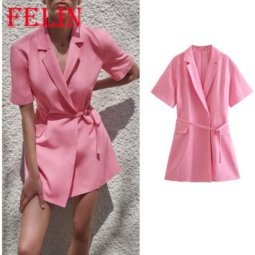 Women Chic Pink Office Lady Blazer Dress Za 2021 Sashes V Neck Elegant Mini Dress Summer Short Sleeve Vintage Mujer Vestidos