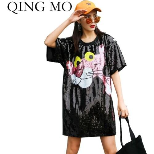 QING MO Black Silver Women Pink Panther Dress 2021 Women Summer Full Sequin Dress Female Casual Loose Dress Shining ZQY3632